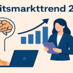 Mann und Frau mit Icons zum Thema Arbeitsmarkttrend