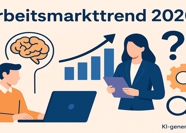 Mann und Frau mit Icons zum Thema Arbeitsmarkttrend