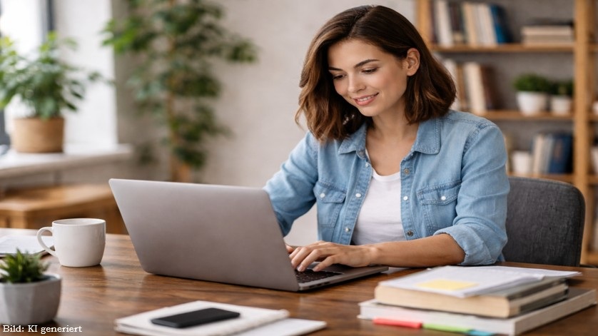 Eine junge Frau sitzt am Schreibtisch und macht eine Weiterbildung.