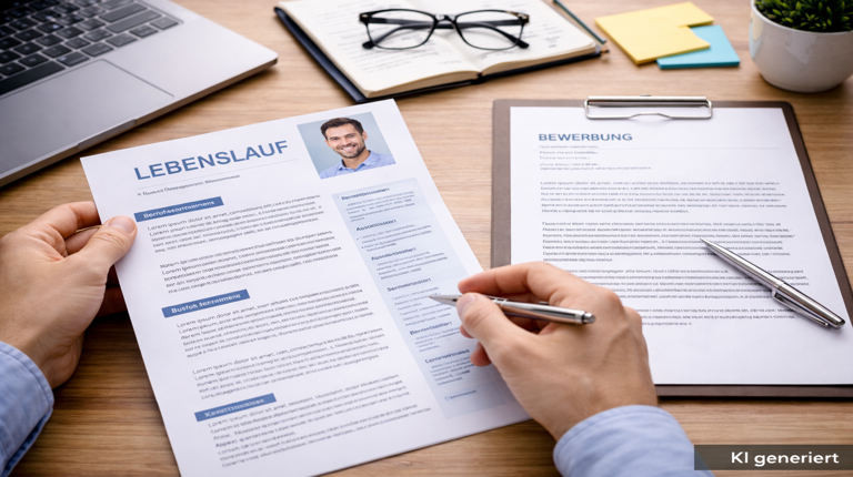 Lebenslauf und Bewerbung als Schreiben auf einem Schreibtisch