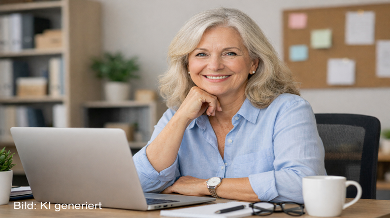 Eine Frau über 50, die am Notebook eine Weiterbildung macht